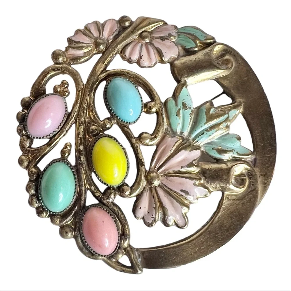 Antique Brooch Awesome Old World Pastel Glass Brass Tone Floral Circle Pin